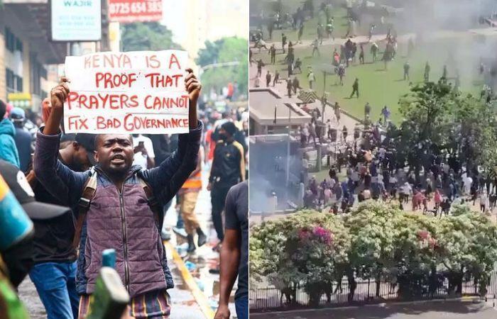 File image of a protester in the CBD and some of the protesters at the Parliament Building on June 25, 2024.